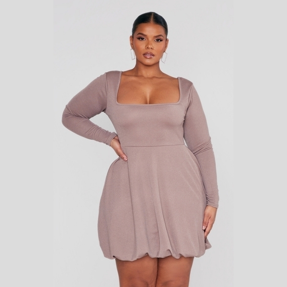 PLT Stretchy Long Sleeve Square Neck Puffy Hem Mini Dress Taupe - sz 12 - Picture 1 of 10